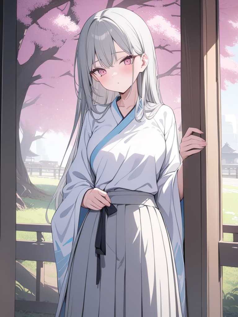  Girls, long hair, gray hair, pink eyes, cherry blossoms, hakama, tall, masterpiece, best quality,8k,ultra detailed,high resolution,an extremely delicate and beautiful,hyper detail