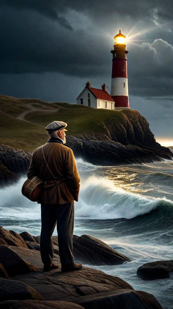  (A stormy night at a seaside lighthouse. The old lighthouse keeper, Mr. Hawthorn, stands on the rocky shore, holding a weathered map in his hands as he looks out to the restless sea. The lighthouse behind him is glowing brightly, its golden beam illuminating the waves crashing against the shore.) hyperrealistic, full body, detailed clothing, highly detailed, cinematic lighting, stunningly beautiful, intricate, sharp focus, f/1. 8, 85mm, (centered image composition), (professionally color graded), ((bright soft diffused light)), volumetric fog, trending on instagram, trending on tumblr, HDR 4K, 8K