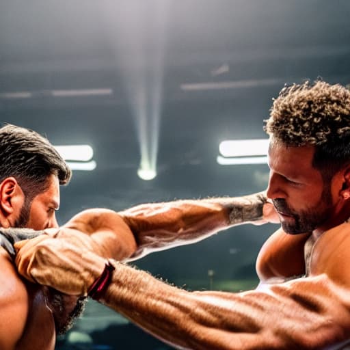  arm wrestling hyperrealistic, full body, detailed clothing, highly detailed, cinematic lighting, stunningly beautiful, intricate, sharp focus, f/1. 8, 85mm, (centered image composition), (professionally color graded), ((bright soft diffused light)), volumetric fog, trending on instagram, trending on tumblr, HDR 4K, 8K