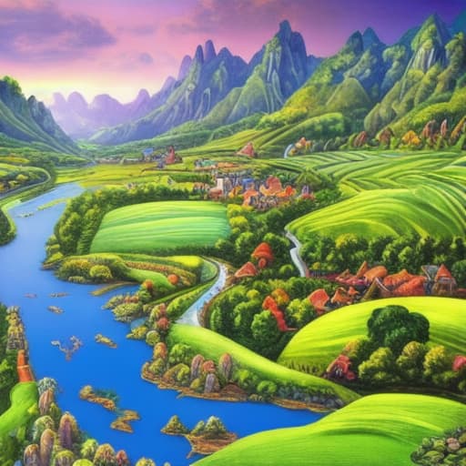  fantasy colourfully landscape of a green valley with river, trees and charming villages.