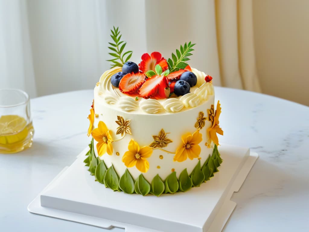  A photorealistic image of a beautifully decorated vegan cake made with highquality ingredients, showcasing intricate piping work, vibrant edible flowers, and elegant gold leaf accents. The cake sits on a marble countertop, surrounded by fresh fruits and herbs, with soft natural light streaming in from a nearby window, highlighting the details and textures of the dessert. hyperrealistic, full body, detailed clothing, highly detailed, cinematic lighting, stunningly beautiful, intricate, sharp focus, f/1. 8, 85mm, (centered image composition), (professionally color graded), ((bright soft diffused light)), volumetric fog, trending on instagram, trending on tumblr, HDR 4K, 8K