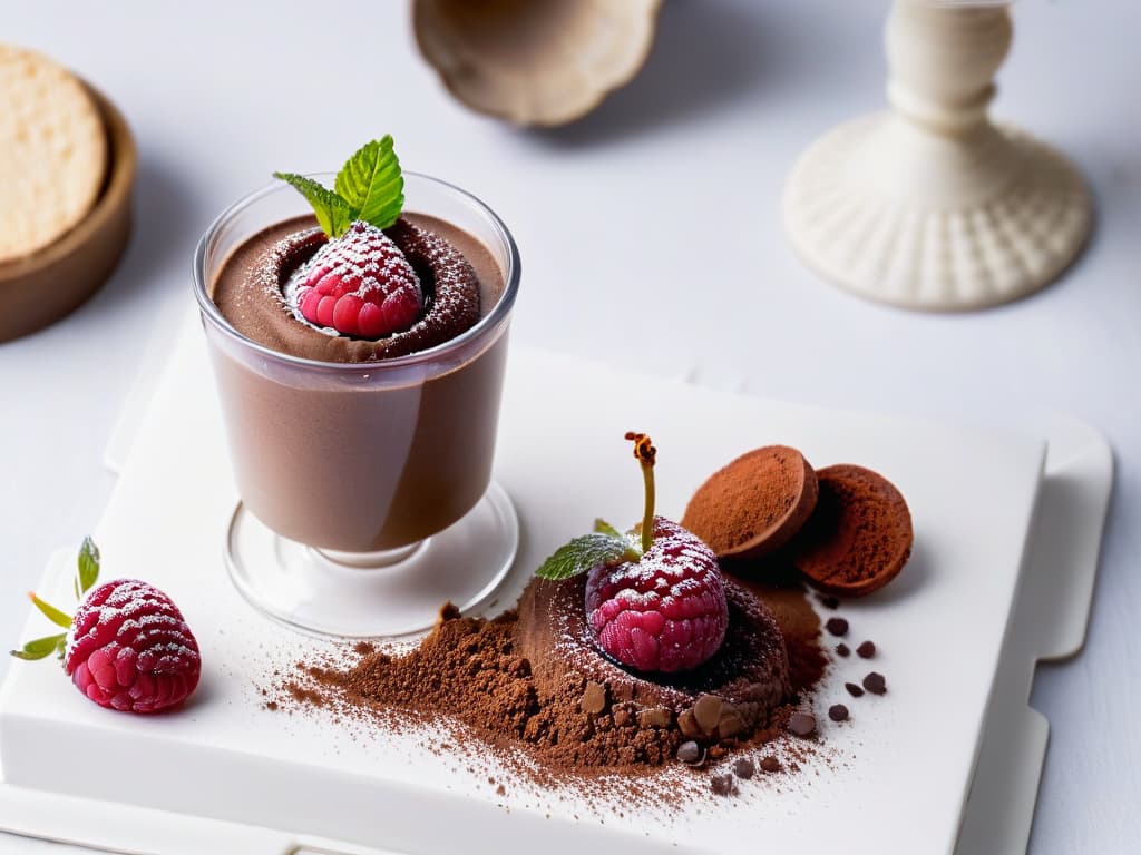  A closeup, highresolution image of a decadent, velvetysmooth chocolate mousse in a delicate glass dessert cup, garnished with a single fresh raspberry and a sprinkling of cocoa powder. The mousse is perfectly piped and has a glossy sheen, with a soft focus background that highlights the elegant simplicity of this classic French dessert. hyperrealistic, full body, detailed clothing, highly detailed, cinematic lighting, stunningly beautiful, intricate, sharp focus, f/1. 8, 85mm, (centered image composition), (professionally color graded), ((bright soft diffused light)), volumetric fog, trending on instagram, trending on tumblr, HDR 4K, 8K