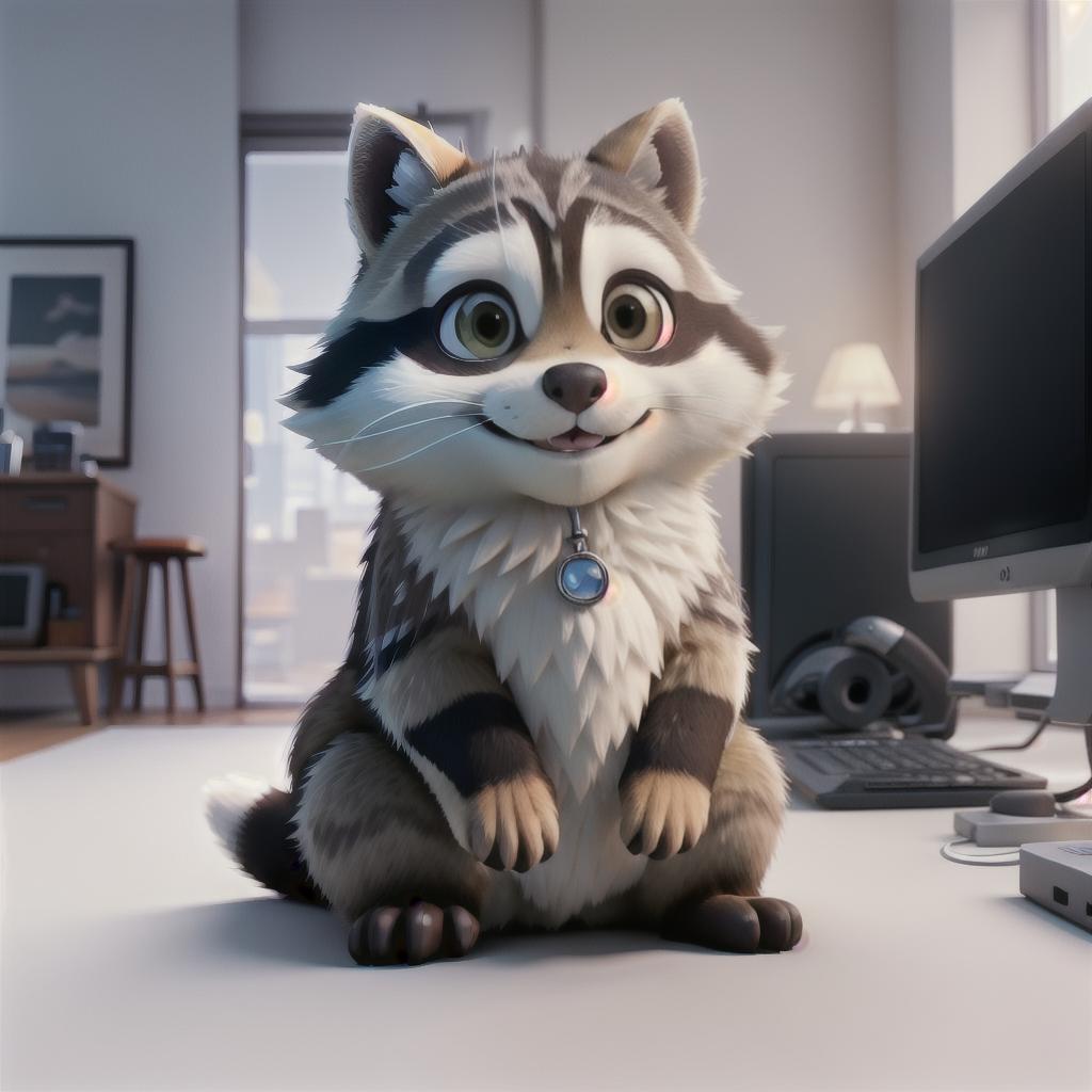  raccoon sitting in gaming chair front a computer on desktop, ((semi anthropomorphic)),(full body), tail, belly, sitting, fat, (chubby), (((white background))), solo, desktop, gaming chair, side view,  [[[clothes]]] hyperrealistic, full body, detailed clothing, highly detailed, cinematic lighting, stunningly beautiful, intricate, sharp focus, f/1. 8, 85mm, (centered image composition), (professionally color graded), ((bright soft diffused light)), volumetric fog, trending on instagram, trending on tumblr, HDR 4K, 8K