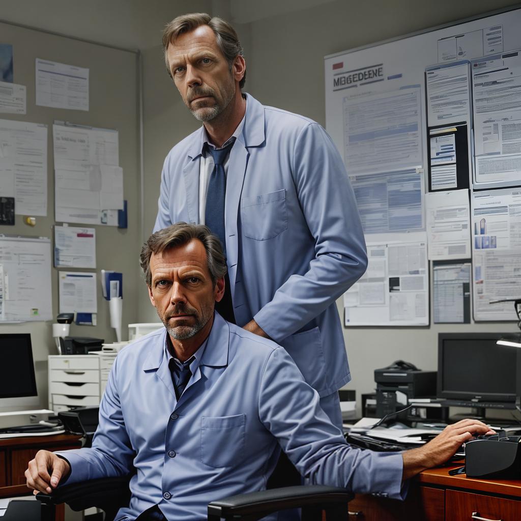  Anime pixar style of Dr. Gregory House from the TV series 'House M.D.'. The character resembles actor Hugh Laurie, with his signature stubble, piercing blue eyes, and slightly disheveled hair. He is wearing his usual outfit: a wrinkled blazer, a graphic t shirt underneath, and jeans. The scene is set in his office, with a cluttered desk, medical equipment, and the iconic whiteboard with medical notes in the background. Dr. House is holding a cane and has a thoughtful, yet slightly cynical expression on his face. hyperrealistic, full body, detailed clothing, highly detailed, cinematic lighting, stunningly beautiful, intricate, sharp focus, f/1. 8, 85mm, (centered image composition), (professionally color graded), ((bright soft diffused light)), volumetric fog, trending on instagram, trending on tumblr, HDR 4K, 8K