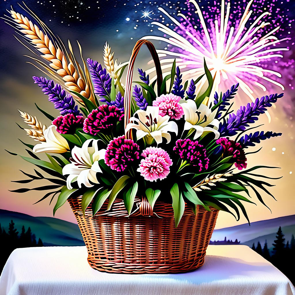  watercolor painting (Bouquet in a wicker basket). The handle of the basket is decorated with a white satin bow with brown polka dots. In the basket is a floral composition: of wheat ears, burgundy carnations, flowers, lavender and in the centre of the bouquet one white pink lily. (Background):night starry sky with flashes of fireworks. Style:fantasy, watercolour, landscape still life genre. . vibrant, beautiful, painterly, detailed, textural, artistic hyperrealistic, full body, detailed clothing, highly detailed, cinematic lighting, stunningly beautiful, intricate, sharp focus, f/1. 8, 85mm, (centered image composition), (professionally color graded), ((bright soft diffused light)), volumetric fog, trending on instagram, trending on tumblr, HDR 4K, 8K