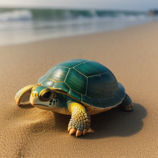  cute little turtle in the sand and beach, colourful and very happy, hyperrealistic, high quality, highly detailed, cinematic lighting, intricate, sharp focus, f/1. 8, 85mm, (centered image composition), (professionally color graded), ((bright soft diffused light)), volumetric fog, trending on instagram, HDR 4K, 8K