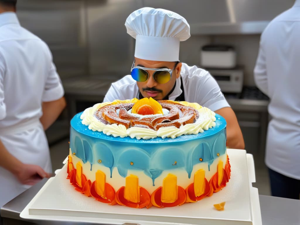  An ultradetailed 8k image of a chef in a modern kitchen using augmented reality glasses to create intricate and colorful virtual designs on a blank cake canvas. The chef is focused and surrounded by hightech kitchen equipment, with holographic images of baking tools floating around the AR glasses, showcasing the fusion of traditional baking techniques with cuttingedge technology in the world of augmented reality pastry making. hyperrealistic, full body, detailed clothing, highly detailed, cinematic lighting, stunningly beautiful, intricate, sharp focus, f/1. 8, 85mm, (centered image composition), (professionally color graded), ((bright soft diffused light)), volumetric fog, trending on instagram, trending on tumblr, HDR 4K, 8K