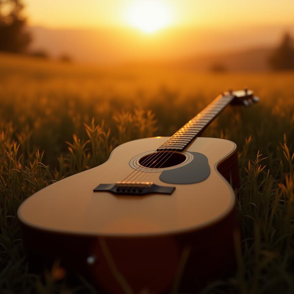  good quality, high quality, a lone acoustic guitar resting in a field of tall grass at sunset.