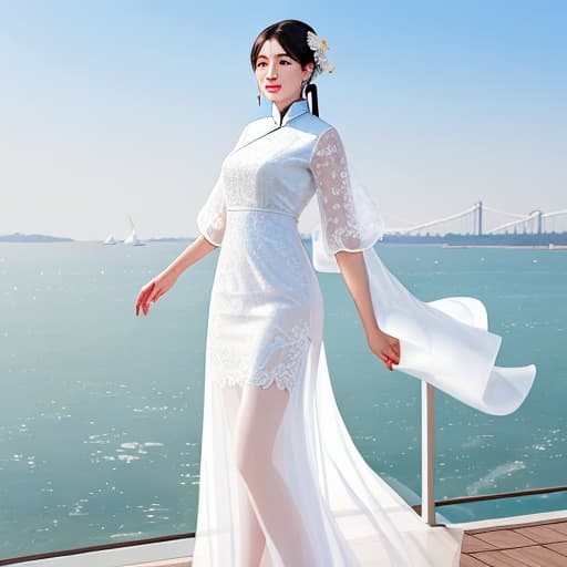  Beautiful Chinese , big s, big , white sheer dress, seaside,