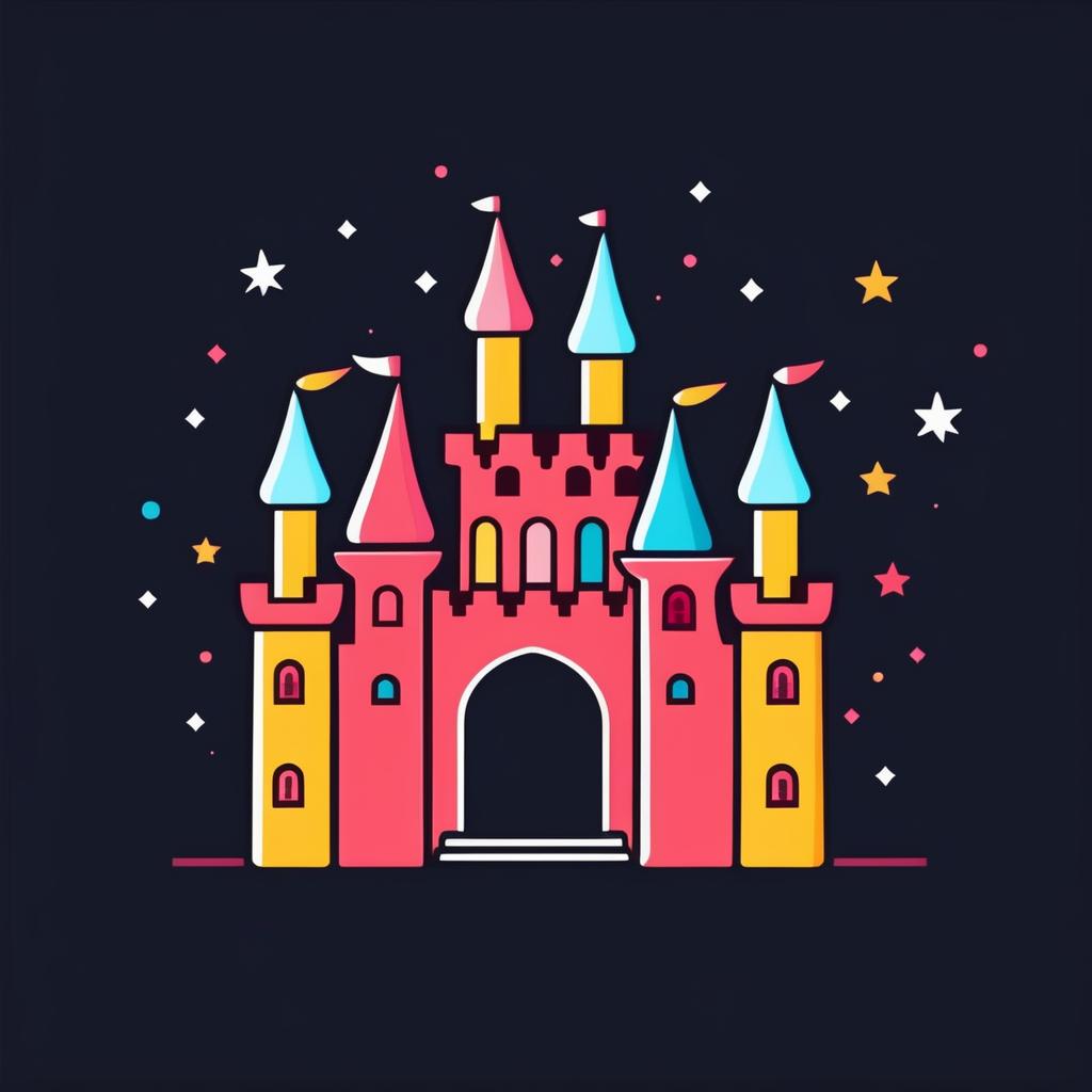  Single minimal abstract icon logo.

Round castle with candy turrets, colorful swirls and stars of chocolate.

Modern aesthetic, symmetric, single-color, icon centered on a dark background. No text, tight, defined border.