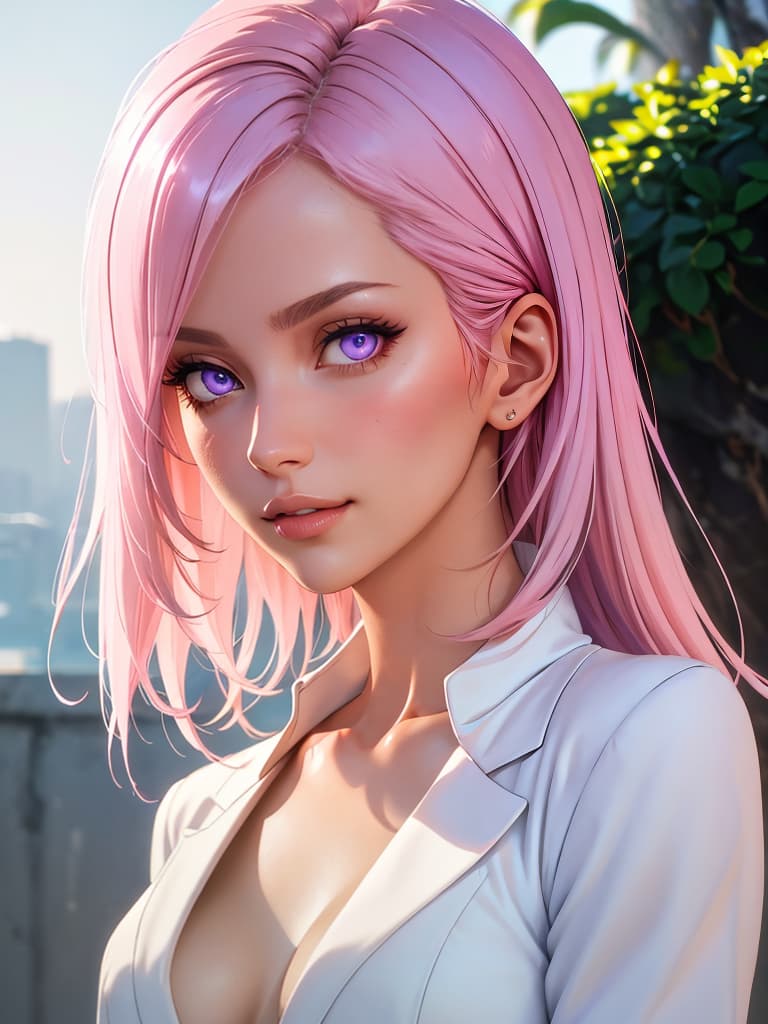  masterpiece, best quality, intricate details, thin, slim, beautiful girl, Light pink hair, white skin, purple eyes, sharp jawline, cropped jacket, messy hair, lips, upper body, close up, smirk, outdoors, hyperrealistic, full body, detailed clothing, highly detailed, cinematic lighting, stunningly beautiful, intricate, sharp focus, f/1. 8, 85mm, (centered image composition), (professionally color graded), ((bright soft diffused light)), volumetric fog, trending on instagram, trending on tumblr, HDR 4K, 8K