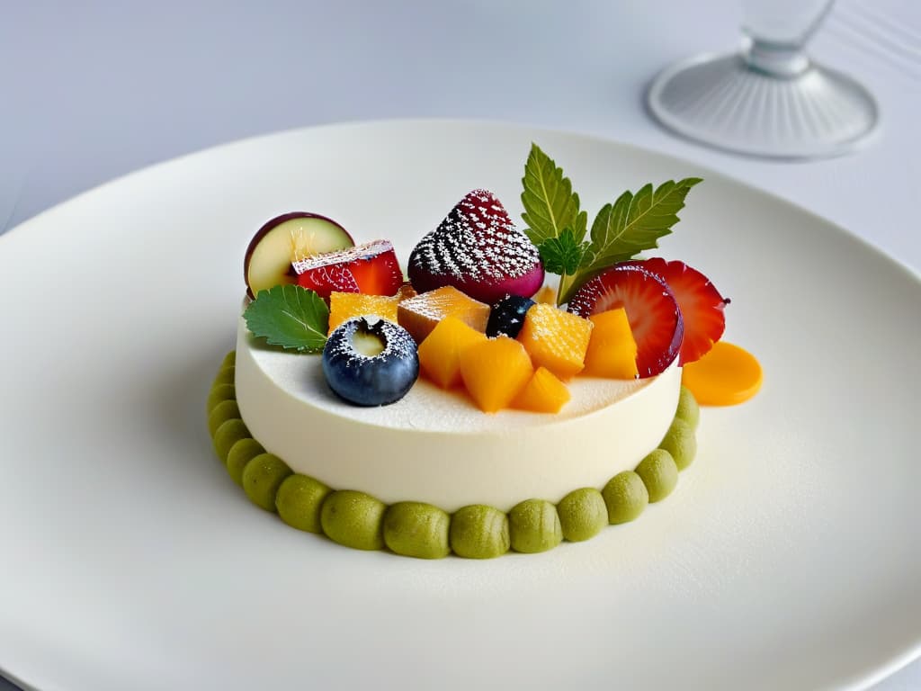  A highresolution image of a beautifully crafted dessert fusion incorporating elements from both Latin American and Asian cuisines. The dessert is elegantly presented on a minimalistic white plate, showcasing vibrant colors and intricate details that highlight the fusion of flavors and cultures. The composition is visually striking, with a focus on the artistry and creativity behind the dish, appealing to the audience's senses and curiosity. hyperrealistic, full body, detailed clothing, highly detailed, cinematic lighting, stunningly beautiful, intricate, sharp focus, f/1. 8, 85mm, (centered image composition), (professionally color graded), ((bright soft diffused light)), volumetric fog, trending on instagram, trending on tumblr, HDR 4K, 8K