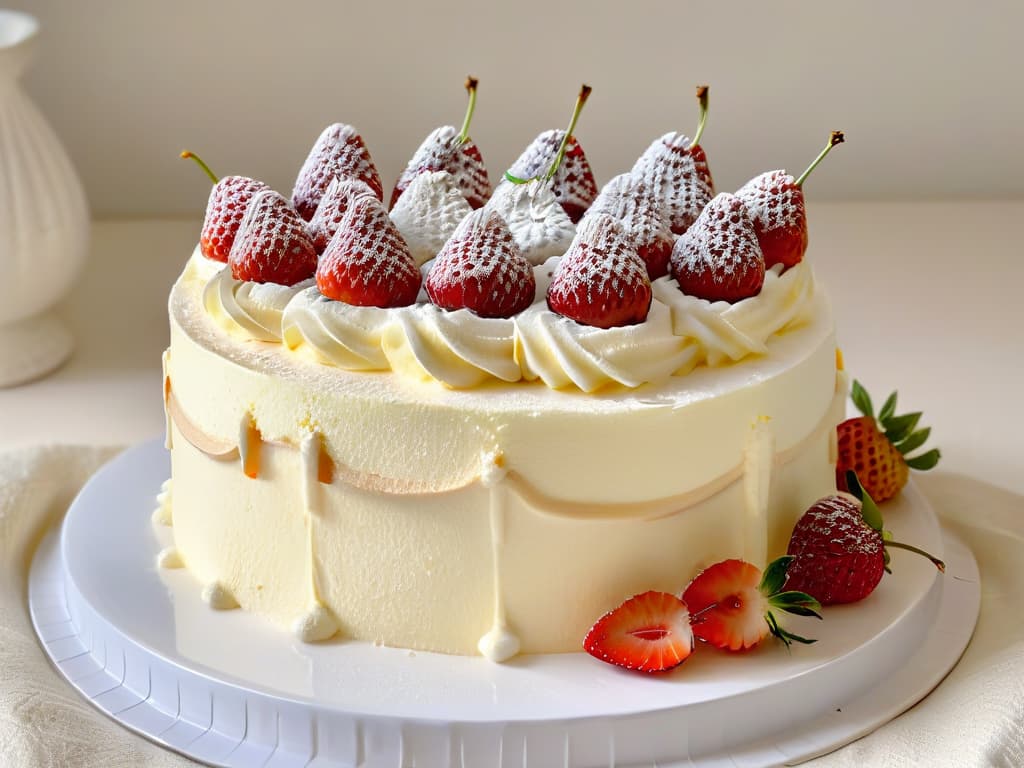  An ultradetailed image of a pristine white cake stand holding a perfectly moist threemilk cake, topped with a delicate sprinkle of cinnamon and a trio of fresh strawberries. The cake is impeccably layered, showcasing the decadent texture of the soaked sponge, with droplets of the milky mixture glistening under a soft, ambient light. The background is a subtle blur, emphasizing the simplicity and elegance of this authentic tres leches cake. hyperrealistic, full body, detailed clothing, highly detailed, cinematic lighting, stunningly beautiful, intricate, sharp focus, f/1. 8, 85mm, (centered image composition), (professionally color graded), ((bright soft diffused light)), volumetric fog, trending on instagram, trending on tumblr, HDR 4K, 8K