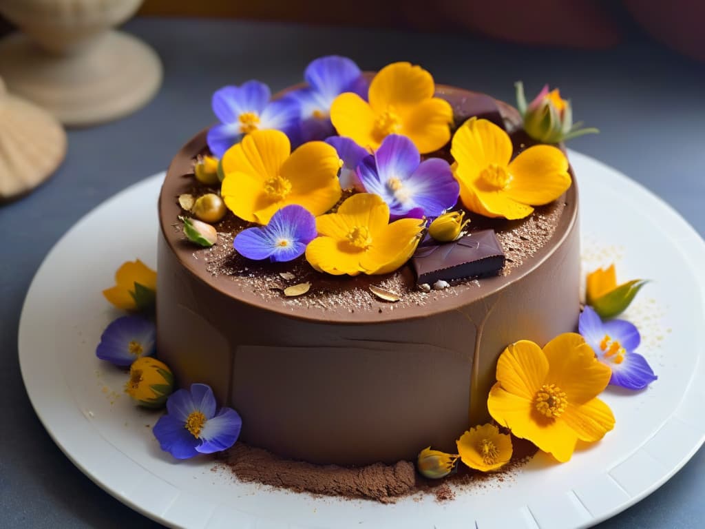  A closeup, ultradetailed image of a decadent chocolate mousse topped with delicate gold leaf and surrounded by vibrant edible flowers. The mousse is perfectly smooth and glossy, showcasing intricate texture details, while the gold leaf adds a touch of luxury and elegance. The colorful flowers provide a pop of contrasting hues against the rich, dark chocolate backdrop, creating a visually stunning and appetizing composition. hyperrealistic, full body, detailed clothing, highly detailed, cinematic lighting, stunningly beautiful, intricate, sharp focus, f/1. 8, 85mm, (centered image composition), (professionally color graded), ((bright soft diffused light)), volumetric fog, trending on instagram, trending on tumblr, HDR 4K, 8K