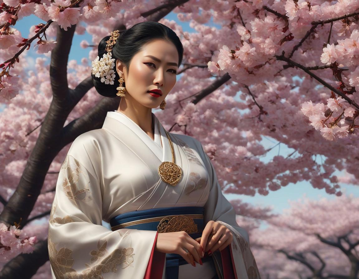  concept art An illustration of a woman in traditional Asian attire with intricate jewelry, against a backdrop of cherry blossoms. . digital artwork, illustrative, painterly, matte painting, highly detailed hyperrealistic, full body, detailed clothing, highly detailed, cinematic lighting, stunningly beautiful, intricate, sharp focus, f/1. 8, 85mm, (centered image composition), (professionally color graded), ((bright soft diffused light)), volumetric fog, trending on instagram, trending on tumblr, HDR 4K, 8K