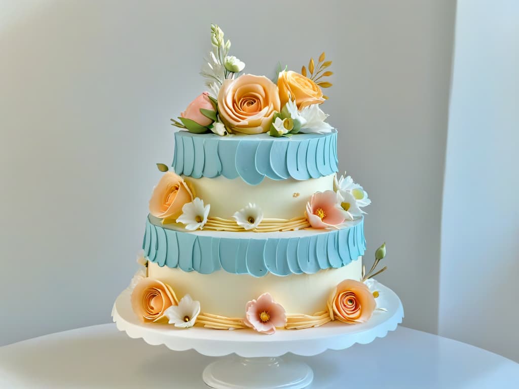  An intricately designed tiered cake, adorned with delicate sugar flowers in pastel hues, displayed on a pristine white pedestal. The cake features meticulous piping details and elegant gold accents, showcasing the artistry and precision of French pastry techniques. The background is a soft focus, highlighting the exquisite craftsmanship of the confection as the focal point of the image. hyperrealistic, full body, detailed clothing, highly detailed, cinematic lighting, stunningly beautiful, intricate, sharp focus, f/1. 8, 85mm, (centered image composition), (professionally color graded), ((bright soft diffused light)), volumetric fog, trending on instagram, trending on tumblr, HDR 4K, 8K