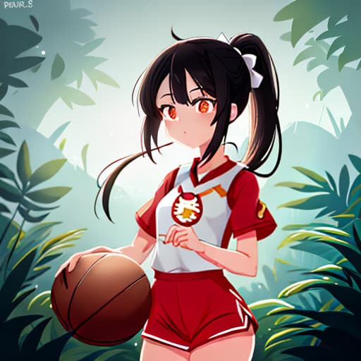  anime girl black hair bright dark brown eyes red and white basketball uniform with the number 18 and the name Nicky white and black shoes Have your hair in a medium high ponytail with two strands on the sides of your ears, have a basketball and look full body Pastel Palette, Da Vinci's Dreams, Picasso's , Sunrise Splendors, Floral Fantasy, Mystical Moonscapes, Urban Nature, Crystal Clear, Cinematic hyperrealistic, full body, detailed clothing, highly detailed, cinematic lighting, stunningly beautiful, intricate, sharp focus, f/1. 8, 85mm, (centered image composition), (professionally color graded), ((bright soft diffused light)), volumetric fog, trending on instagram, trending on tumblr, HDR 4K, 8K