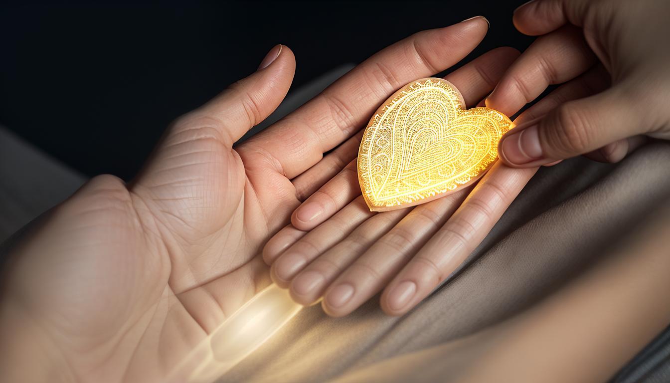  digital illustration, A pair of hands extended outward, palm up, offering a glowing heart, soft light emanating from the heart, hands have detailed lines and wrinkles, warm and inviting, atmosphere of generosity, gentle and heartfelt, looking at viewer, dynamic pose, (intricate details, masterpiece, best quality)