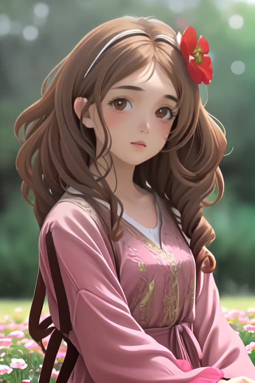  Portrait of beautiful with brown curly hair in top and mini flower , realistic style, big , full body picture, big 