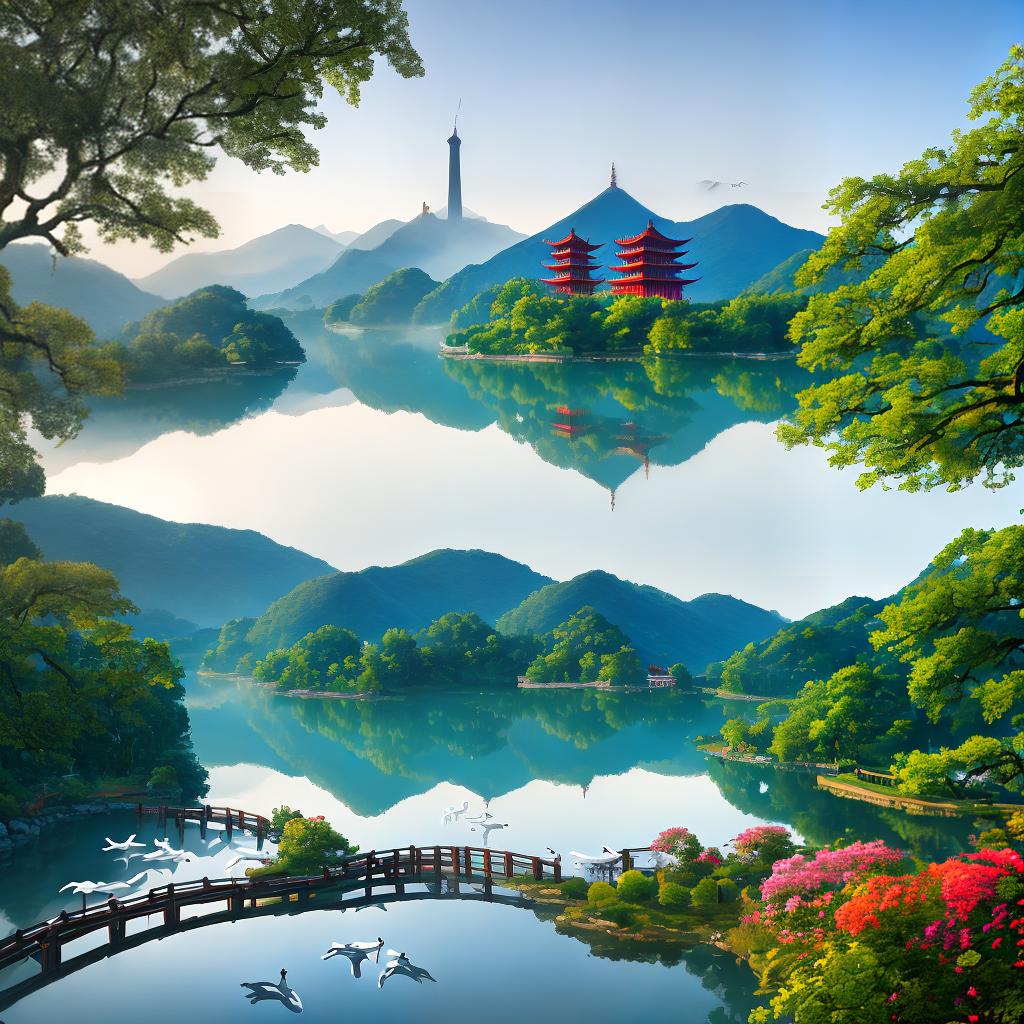  A masterpiece of 西湖风景, featuring the best quality, 8k resolution, and high detailed, ultra-detailed elements. The main subject of the scene is a tranquil lake surrounded by lush green mountains. The lake reflects the vibrant colors of the surrounding trees and flowers, creating a mesmerizing scene. (A boat) glides peacefully on the calm water, adding a sense of serenity to the composition. The (famous Broken Bridge) stretches across the lake, connecting two picturesque shores. A group of (swans) gracefully swim near the bridge, enhancing the ethereal atmosphere. In the distance, (Leifeng Pagoda) stands tall against the clear blue sky, adding a touch of ancient charm to the scene. The entire landscape is bathed in warm sunlight, cast hyperrealistic, full body, detailed clothing, highly detailed, cinematic lighting, stunningly beautiful, intricate, sharp focus, f/1. 8, 85mm, (centered image composition), (professionally color graded), ((bright soft diffused light)), volumetric fog, trending on instagram, trending on tumblr, HDR 4K, 8K