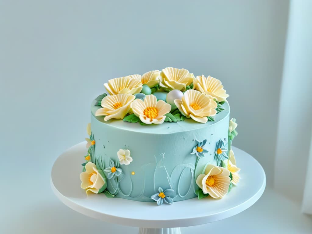  A closeup, ultradetailed image of a perfectly frosted glutenfree cake adorned with delicate, intricate piped buttercream flowers in pastel shades, sitting on a sleek white cake stand against a softly blurred background, showcasing the precision and artistry of glutenfree cake decoration. hyperrealistic, full body, detailed clothing, highly detailed, cinematic lighting, stunningly beautiful, intricate, sharp focus, f/1. 8, 85mm, (centered image composition), (professionally color graded), ((bright soft diffused light)), volumetric fog, trending on instagram, trending on tumblr, HDR 4K, 8K