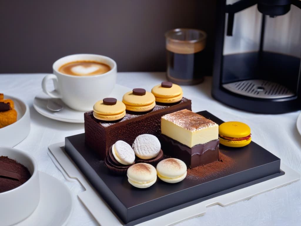  A minimalist, ultradetailed image of a beautifully set table with elegant coffee cups, a variety of decadent desserts like tiramisu, macarons, and chocolate cake arranged artfully on delicate plates, accompanied by a sleek and modern espresso machine in the background. The lighting is soft and warm, casting gentle shadows that add depth to the scene, highlighting the textures of the desserts and the glossy finish of the coffee cups. The overall aesthetic is sophisticated and inviting, evoking a sense of luxury and indulgence. hyperrealistic, full body, detailed clothing, highly detailed, cinematic lighting, stunningly beautiful, intricate, sharp focus, f/1. 8, 85mm, (centered image composition), (professionally color graded), ((bright soft diffused light)), volumetric fog, trending on instagram, trending on tumblr, HDR 4K, 8K