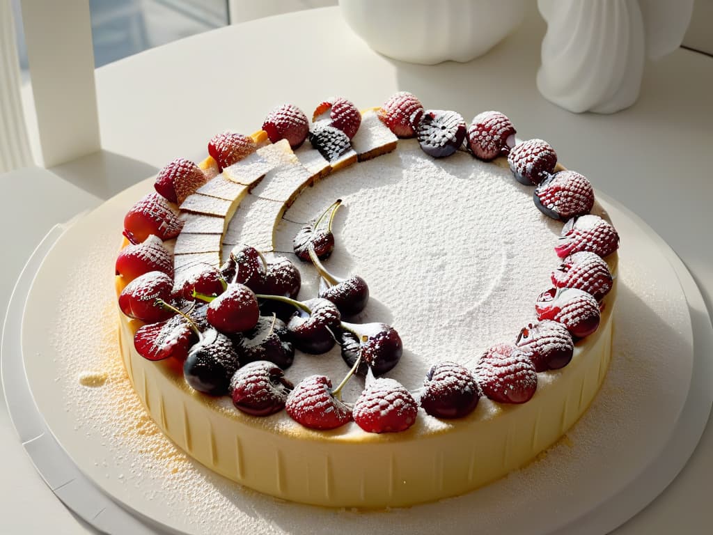  An ultradetailed image of a sleek, modern kitchen with a marble countertop showcasing a perfectly baked clafoutis de cerezas, dusted with powdered sugar and surrounded by fresh cherries. The sunlight streaming in through a nearby window highlights the glossy texture of the dessert, creating a striking contrast against the minimalist backdrop. hyperrealistic, full body, detailed clothing, highly detailed, cinematic lighting, stunningly beautiful, intricate, sharp focus, f/1. 8, 85mm, (centered image composition), (professionally color graded), ((bright soft diffused light)), volumetric fog, trending on instagram, trending on tumblr, HDR 4K, 8K