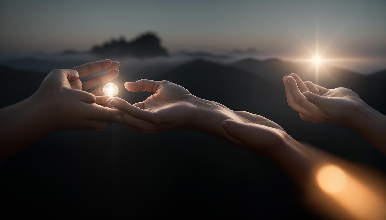  cinematic, aesthetic, Open hands reaching towards a distant, glowing orb, hands detailed with delicate skin texture, orb radiant, shrouded in mist, hands expressing longing, hope, vulnerability, 4k, HDR, lens flare