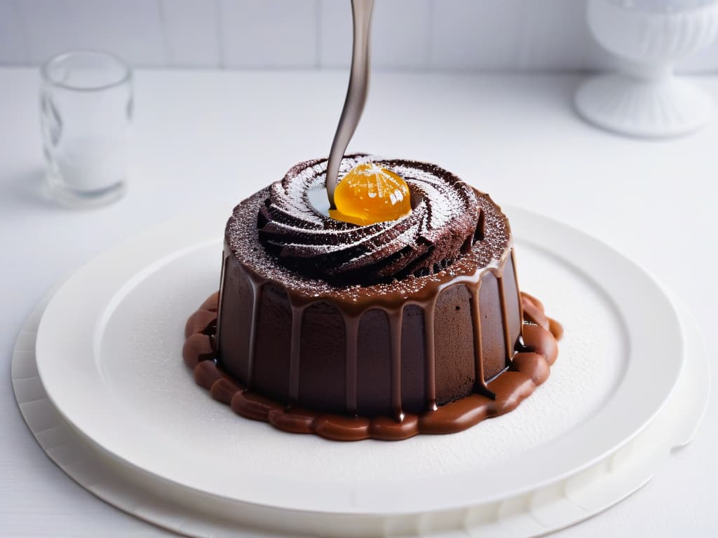  A closeup, ultradetailed image of a decadent chocolate lava cake being sliced open, revealing a luscious molten center oozing out onto a sleek, white plate. The rich, glossy chocolate contrasts beautifully with the minimalist backdrop, showcasing the indulgent yet sophisticated nature of umamiinfused desserts. hyperrealistic, full body, detailed clothing, highly detailed, cinematic lighting, stunningly beautiful, intricate, sharp focus, f/1. 8, 85mm, (centered image composition), (professionally color graded), ((bright soft diffused light)), volumetric fog, trending on instagram, trending on tumblr, HDR 4K, 8K