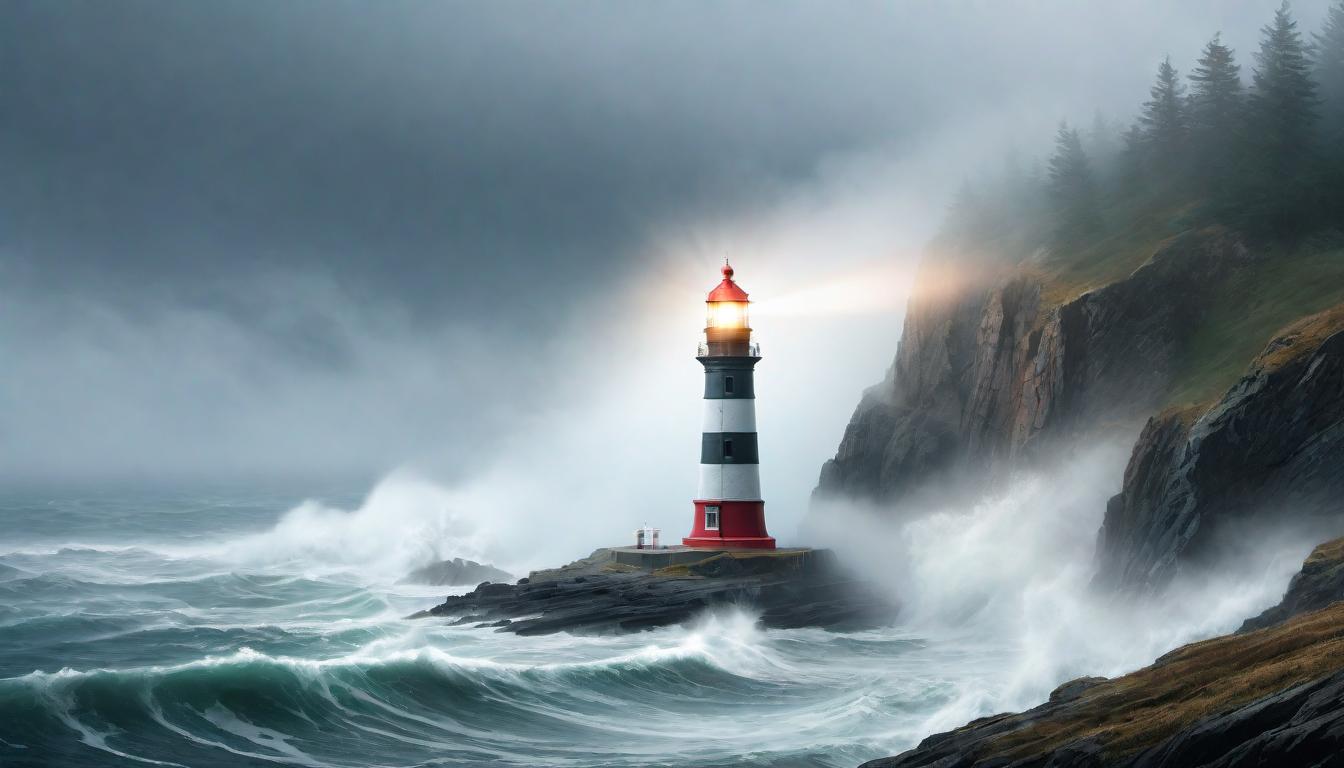  digital illustration, A lighthouse standing firm on a rugged coast, its beam cutting through fog, symbolizing moral clarity in a world obscured by doubt, guidepost of truth, steadfast beacon, integrity’s light, looking at viewer, dynamic pose, (intricate details, masterpiece, best quality)