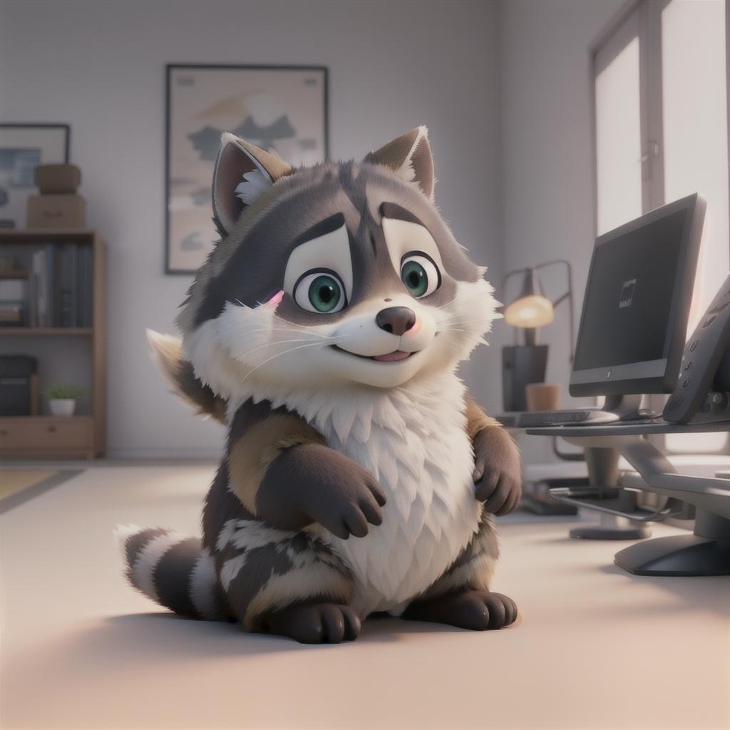  raccoon sitting in gaming chair front a computer on desktop, ((semi anthropomorphic)),(full body), tail, belly, sitting, fat, (chubby), (((white background))), solo, desktop, gaming chair, side view,  [[[clothes]]] hyperrealistic, full body, detailed clothing, highly detailed, cinematic lighting, stunningly beautiful, intricate, sharp focus, f/1. 8, 85mm, (centered image composition), (professionally color graded), ((bright soft diffused light)), volumetric fog, trending on instagram, trending on tumblr, HDR 4K, 8K