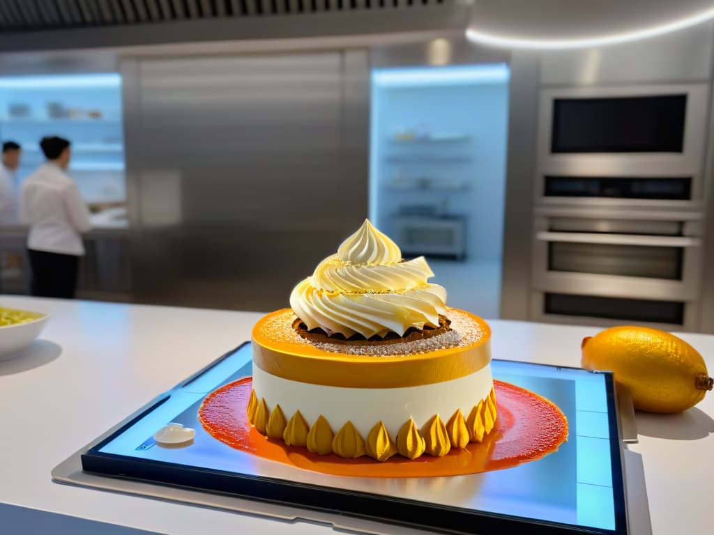  A photorealistic image of a sleek, modern kitchen with holographic digital overlays displaying intricate steps of a pastry recipe in augmented reality. The scene includes a professional chef confidently following the virtual instructions, surrounded by highend cooking equipment and ingredients neatly arranged on the counter. The vibrant colors and textures of the digital elements contrast beautifully with the pristine, minimalist design of the kitchen, creating an inspiring and futuristic culinary setting. hyperrealistic, full body, detailed clothing, highly detailed, cinematic lighting, stunningly beautiful, intricate, sharp focus, f/1. 8, 85mm, (centered image composition), (professionally color graded), ((bright soft diffused light)), volumetric fog, trending on instagram, trending on tumblr, HDR 4K, 8K