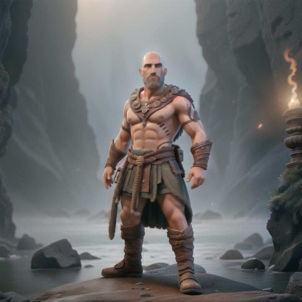  God of war hyperrealistic, full body, detailed clothing, highly detailed, cinematic lighting, stunningly beautiful, intricate, sharp focus, f/1. 8, 85mm, (centered image composition), (professionally color graded), ((bright soft diffused light)), volumetric fog, trending on instagram, trending on tumblr, HDR 4K, 8K