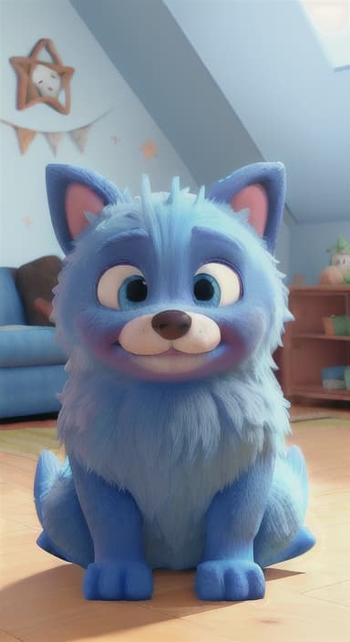  {Max snuggled up in his comfy dog bed inside the house, fast asleep, The big blue dog is large with sky blue fur, big round eyes, a black nose, and floppy ears.