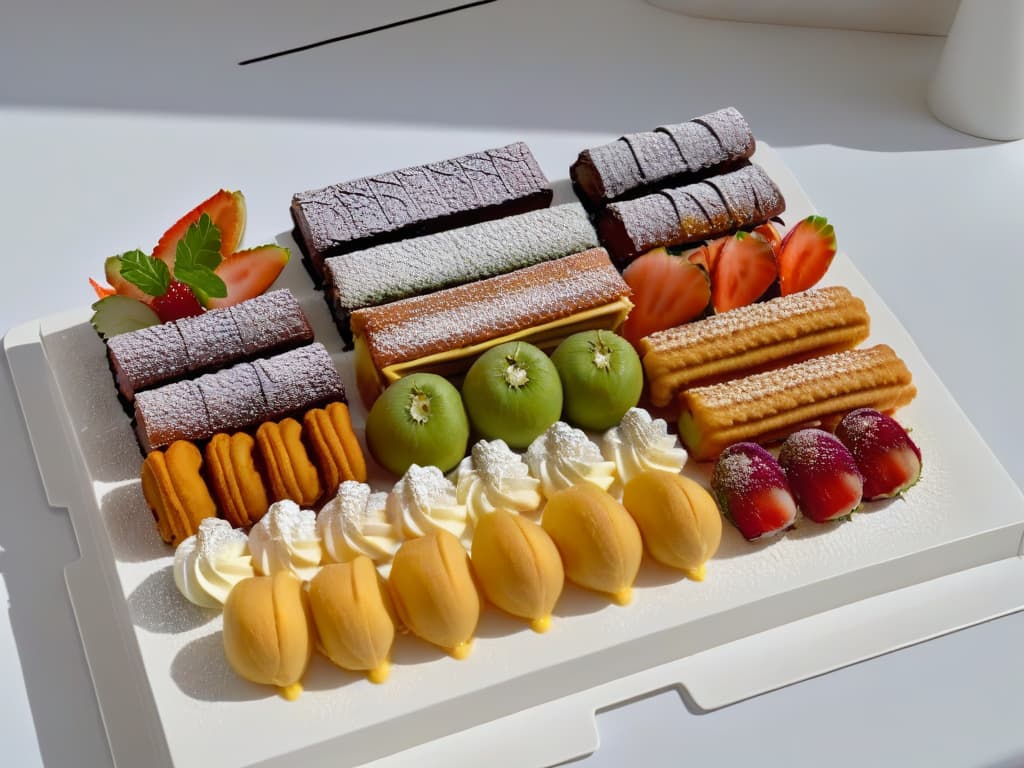  An ultradetailed 8k image of a colorful array of various traditional desserts from around the world, neatly arranged on a sleek, modern, and minimalist white platter. Each dessert is meticulously crafted, showcasing intricate details like delicate frosting swirls, vibrant fruit garnishes, and textured pastry layers. The desserts represent a diverse range of cultures, with treats like French macarons, Italian cannoli, Japanese mochi, Mexican churros, and more, all coming together in a harmonious display of global culinary unity. hyperrealistic, full body, detailed clothing, highly detailed, cinematic lighting, stunningly beautiful, intricate, sharp focus, f/1. 8, 85mm, (centered image composition), (professionally color graded), ((bright soft diffused light)), volumetric fog, trending on instagram, trending on tumblr, HDR 4K, 8K