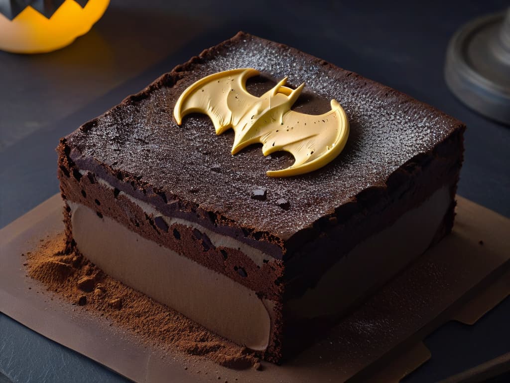  An ultradetailed, minimalistic image of a dark chocolate brownie with the iconic Batman logo meticulously dusted on top with cocoa powder, set against a sleek black background, showcasing intricate texture and detail in the dessert. hyperrealistic, full body, detailed clothing, highly detailed, cinematic lighting, stunningly beautiful, intricate, sharp focus, f/1. 8, 85mm, (centered image composition), (professionally color graded), ((bright soft diffused light)), volumetric fog, trending on instagram, trending on tumblr, HDR 4K, 8K