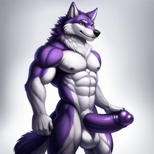  male, muscular, wolf, anthropomorphic, purple and white fur, eyes without irises and pupils, full body, (huge Cock between legs), (erect), (Slugs cock), open eyes, digital art, masterpiece, 4k, fine details,