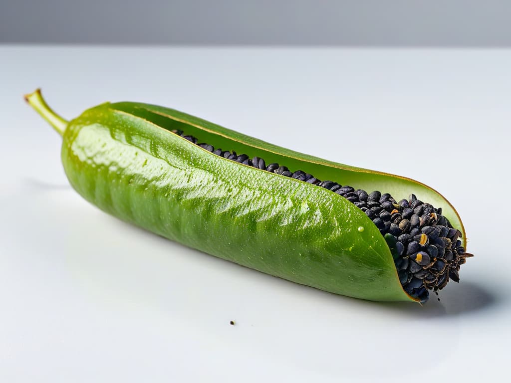  An ultradetailed closeup image of a split vanilla bean pod, showcasing its tiny, intricate black seeds against a stark white background. The focus is so precise that each seed glistens with a hint of moisture, and the pod's texture appears almost touchable, inviting the viewer to appreciate the natural beauty and complexity of this key ingredient. hyperrealistic, full body, detailed clothing, highly detailed, cinematic lighting, stunningly beautiful, intricate, sharp focus, f/1. 8, 85mm, (centered image composition), (professionally color graded), ((bright soft diffused light)), volumetric fog, trending on instagram, trending on tumblr, HDR 4K, 8K