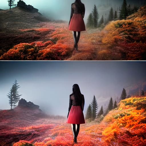  photo that show an immaginated world with some terror things a girl inside it hyperrealistic, full body, detailed clothing, highly detailed, cinematic lighting, stunningly beautiful, intricate, sharp focus, f/1. 8, 85mm, (centered image composition), (professionally color graded), ((bright soft diffused light)), volumetric fog, trending on instagram, trending on tumblr, HDR 4K, 8K