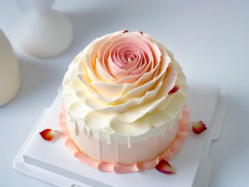  An ultradetailed closeup image of a perfectly frosted cupcake decorated with delicate pink rose petals arranged in a spiral pattern, resting on a pristine white plate. The frosting is smooth and glossy, with each petal meticulously placed to create a stunning visual effect. The soft pastel colors contrast beautifully with the white background, highlighting the intricate details of this exquisite floralinspired dessert. hyperrealistic, full body, detailed clothing, highly detailed, cinematic lighting, stunningly beautiful, intricate, sharp focus, f/1. 8, 85mm, (centered image composition), (professionally color graded), ((bright soft diffused light)), volumetric fog, trending on instagram, trending on tumblr, HDR 4K, 8K