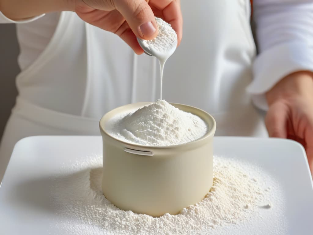  An ultradetailed closeup image of a hand holding a measuring cup filled with flour, with tiny particles of flour floating in the air around it. The measuring cup is sleek and modern in design, adding a touch of minimalistic elegance to the scene. The lighting is soft, emphasizing the texture of the flour and creating a serene, almost artistic composition. hyperrealistic, full body, detailed clothing, highly detailed, cinematic lighting, stunningly beautiful, intricate, sharp focus, f/1. 8, 85mm, (centered image composition), (professionally color graded), ((bright soft diffused light)), volumetric fog, trending on instagram, trending on tumblr, HDR 4K, 8K