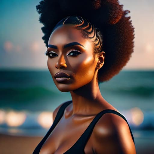  black woman on a beach hyperrealistic, full body, detailed clothing, highly detailed, cinematic lighting, stunningly beautiful, intricate, sharp focus, f/1. 8, 85mm, (centered image composition), (professionally color graded), ((bright soft diffused light)), volumetric fog, trending on instagram, trending on tumblr, HDR 4K, 8K