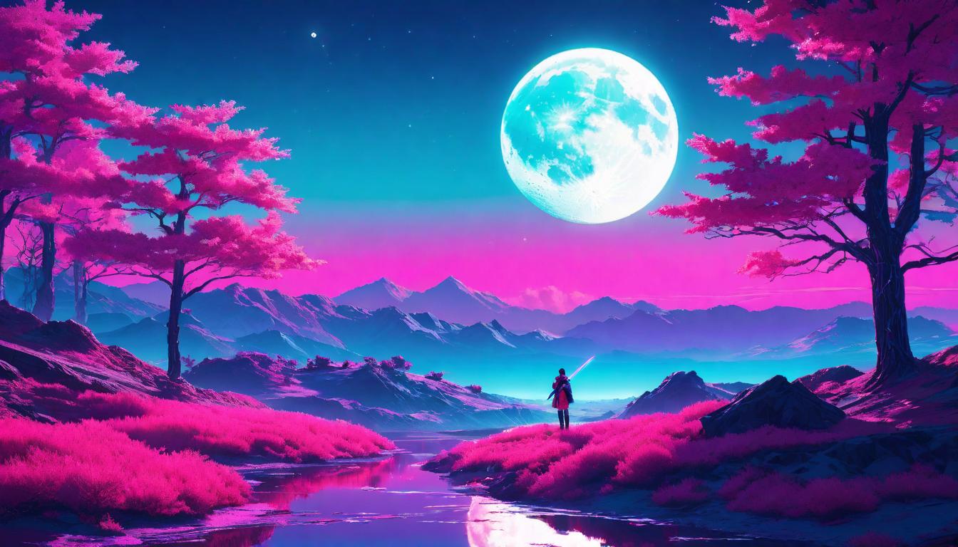  vaporwave,cyberpunk game style Stark landscape under a full moon, a lone tree casting a long shadow, the beauty of isolation, reflection of self in nature, mirror of the soul, haunting beauty, solitude’s companion, the starkness of truth, the moon as a silent witnesseon, dystopian, futuristic, digital, vibrant, detailed, high contrast, reminiscent of cyberpunk genre video games,retro aesthetic, cyberpunk, vibrant, neon colors, vintage 80s and 90s style, highly detailed