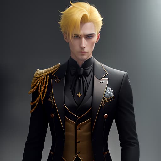  The image shows one young man. He is standing tall. He has yellow hair. He has blue eyes. He is wearing a black long tailcoat with yellow inserts. hyperrealistic, full body, detailed clothing, highly detailed, cinematic lighting, stunningly beautiful, intricate, sharp focus, f/1. 8, 85mm, (centered image composition), (professionally color graded), ((bright soft diffused light)), volumetric fog, trending on instagram, trending on tumblr, HDR 4K, 8K