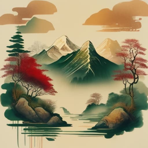  Chinese style landscape painting, mountains, rivers, clouds