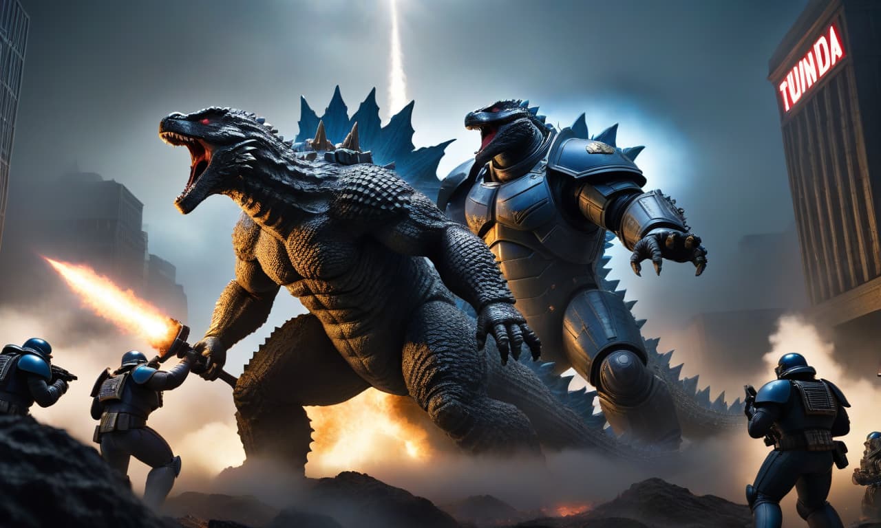  Godzilla vs space marine warhammer hyperrealistic, full body, detailed clothing, highly detailed, cinematic lighting, stunningly beautiful, intricate, sharp focus, f/1. 8, 85mm, (centered image composition), (professionally color graded), ((bright soft diffused light)), volumetric fog, trending on instagram, trending on tumblr, HDR 4K, 8K