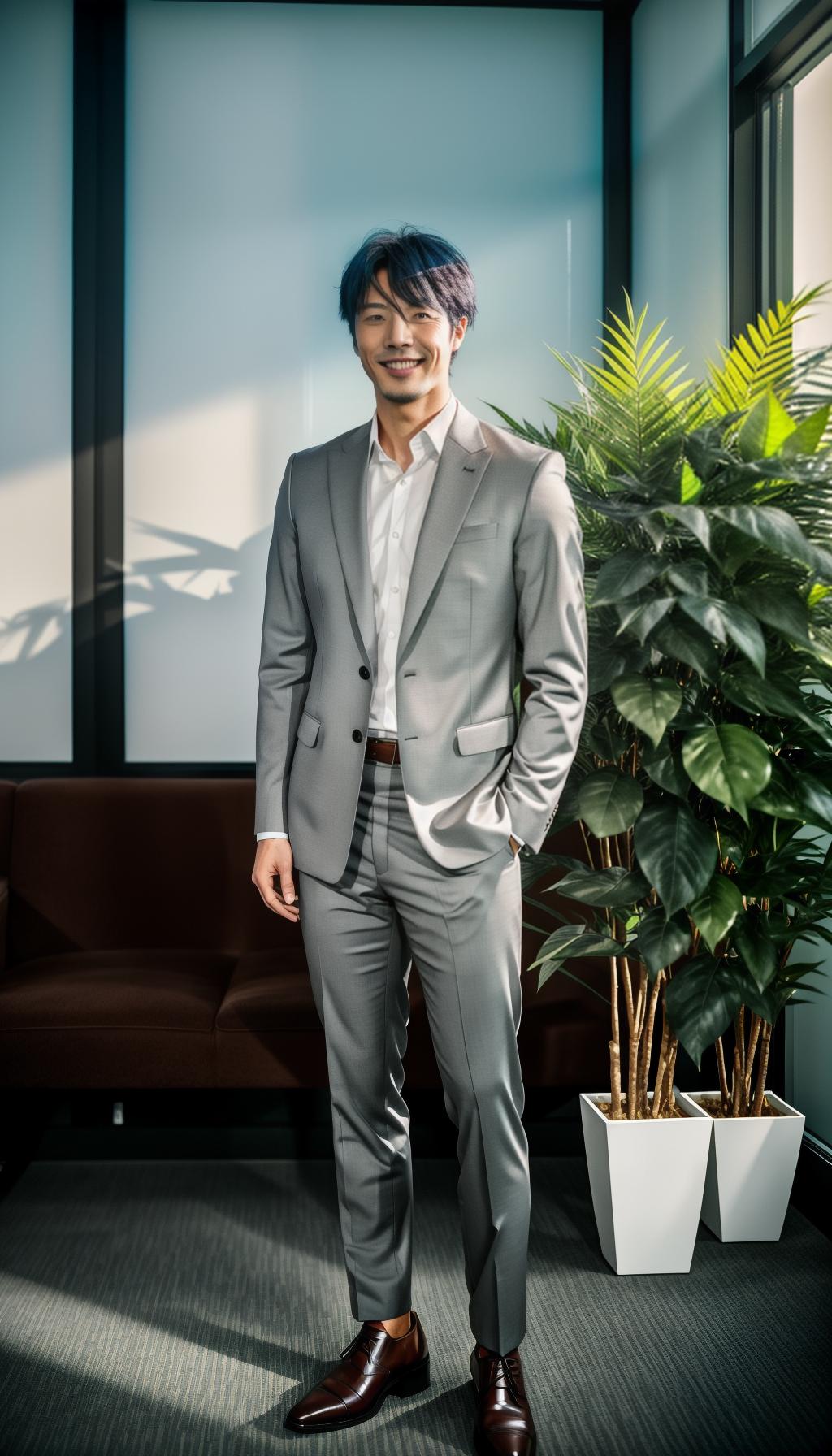  A realistic photo of a young Japanese man, standing in a corner of a modern office. He is wearing an elegant gray suit, with his arms crossed and a smile on his face. Behind him is a large foliage plant. hyperrealistic, full body, detailed clothing, highly detailed, cinematic lighting, stunningly beautiful, intricate, sharp focus, f/1. 8, 85mm, (centered image composition), (professionally color graded), ((bright soft diffused light)), volumetric fog, trending on instagram, trending on tumblr, HDR 4K, 8K