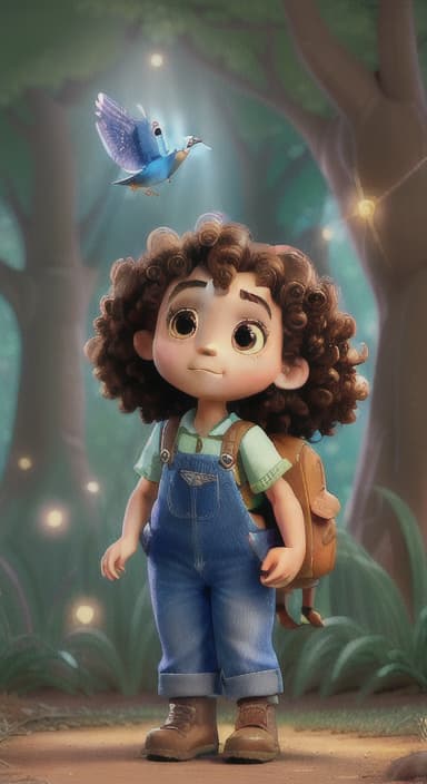  {The tree shining brightly and releasing a gentle, magical light., Riley, a curious with big brown eyes and curly hair, wearing overalls and carrying a small backpack. Their friend, Skye, a bluebird with shiny feathers.