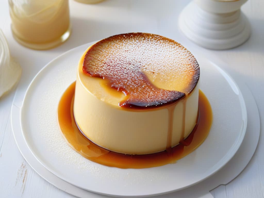  A closeup, ultradetailed image of a perfectly caramelized flan parisino with a creamy texture, sitting elegantly on a simple white plate. The caramel drizzle delicately cascades down the sides, glistening under a soft, natural light that highlights the smooth surface of the dessert. The rich golden hue of the caramel contrasts beautifully with the pale custard, enticing the viewer with its glossy sheen and inviting presentation. hyperrealistic, full body, detailed clothing, highly detailed, cinematic lighting, stunningly beautiful, intricate, sharp focus, f/1. 8, 85mm, (centered image composition), (professionally color graded), ((bright soft diffused light)), volumetric fog, trending on instagram, trending on tumblr, HDR 4K, 8K