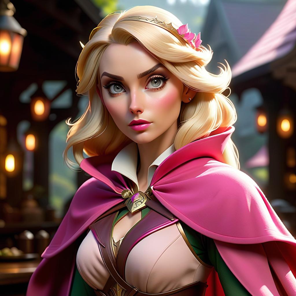  Girl, half elf,paladin, blonde hair, pink cape, tavern hyperrealistic, full body, detailed clothing, highly detailed, cinematic lighting, stunningly beautiful, intricate, sharp focus, f/1. 8, 85mm, (centered image composition), (professionally color graded), ((bright soft diffused light)), volumetric fog, trending on instagram, trending on tumblr, HDR 4K, 8K